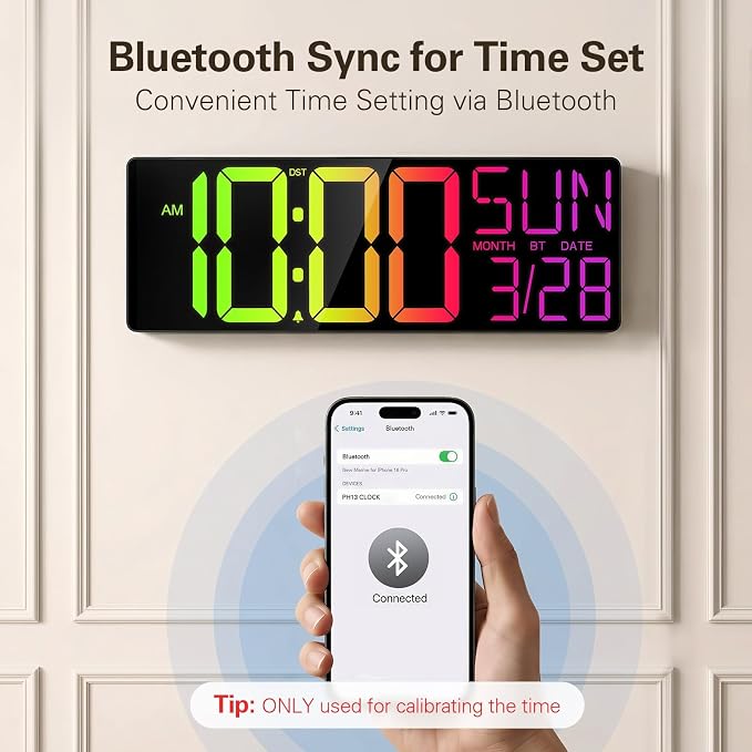 JALL 17.98" Large Digital Wall Clock with RGB Lights & Remote, Digital Clock with Bluetooth Sync & DST, Wall Clock with Temperature & Seconds Display, Clocks for Living Room, Seniors