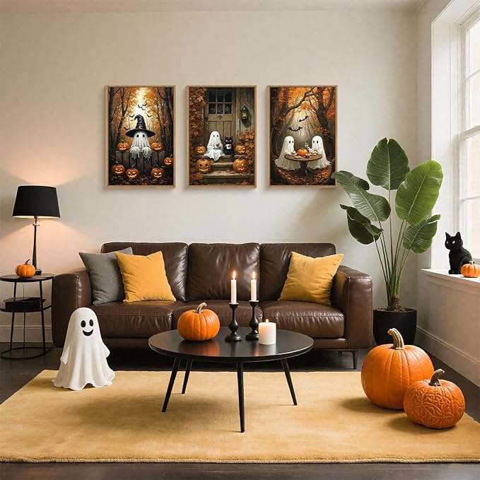 FWIEXA Halloween Cute Ghost Pumpkins Canvas Wall Art Set of 3, Black Cat Framed Painting Artwork, Vintage Witchy Hat Bats Prints, Fall Maple Leaf Decor 24x36 In for Party, Gift, Living Room, Bedroom