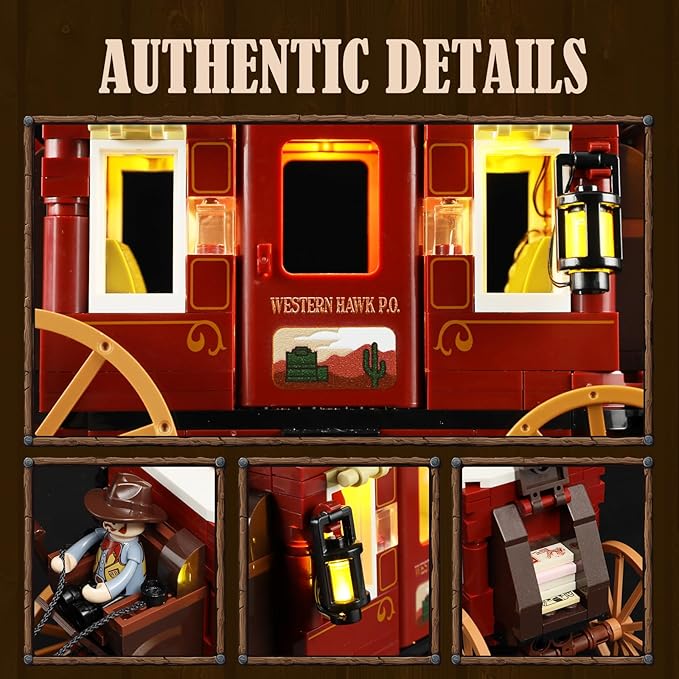 FUNWHOLE Western Stagecoach Lighting Building-Bricks Set - Old West Carriage and Horse 293 Pcs Collection Display Set for West Lovers