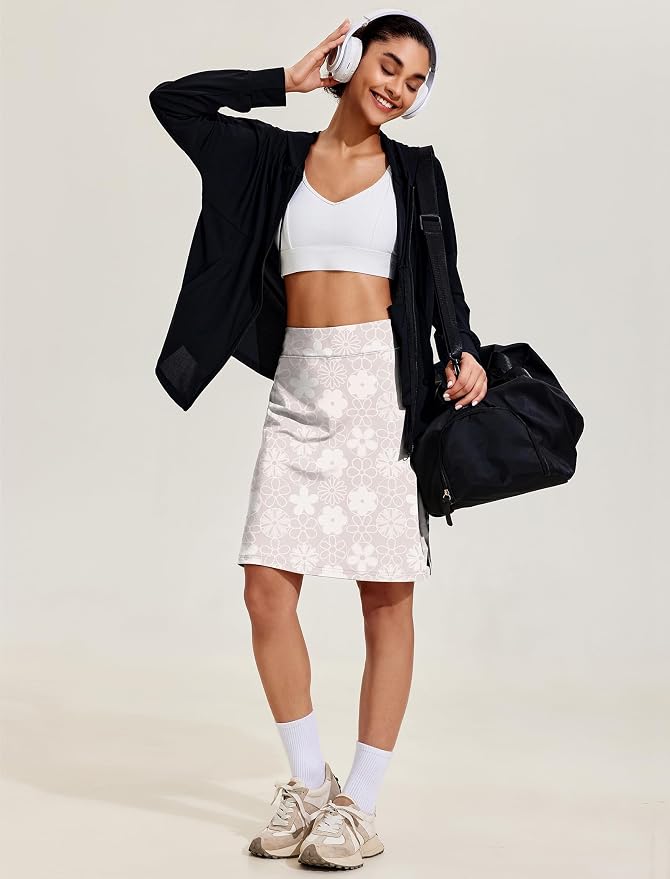 COOrun Women's 20" Knee Length Skirts High Waisted Golf Skorts with Pockets | Soft, Quick Dry, Split Hem, Built-in Shorts, A-line, Modest Skirts, for Golf Athletic Tennis Work Casual
