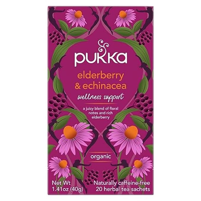 Pukka Elderberry & Echinacea Organic Herbal Tea, Perfect for Wellness Support, Caffeine Free, 80 Total Tea Bags (20ct - Pack of 4)