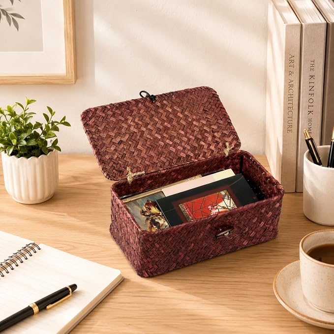 Seagrass Wicker Storage Basket with Lid, Small, Red | 9.05 x 5.11 x 3.34 Inch Box, Shelf Organizer, Rectangular Woven Bin, Small Item Storage, Decorative Color
