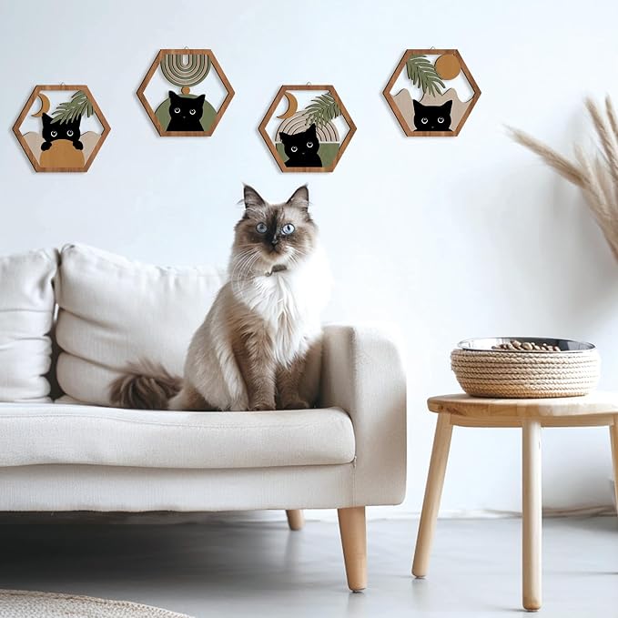 HPNIUB Boho Black Cat Wall Decor, Farmhouse Geometric Hanging Wooden Wall Art, 4 Pieces 11''x9.8'' Mid Century Bohemian Abstract Moon and Sun Wood Sign for Nursery Bedroom Decoration, Lovely Cat Gifts