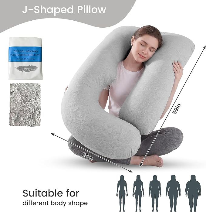 Jcickt Pregnancy Pillow for Sleeping,59 inch Maternity Pillow with Removable Washable Cover,J-Shaped Cooling Full Body Pregnant Pillow -Support for Backs,Legs, Belly, HIPS, Improve Sleep -Gray