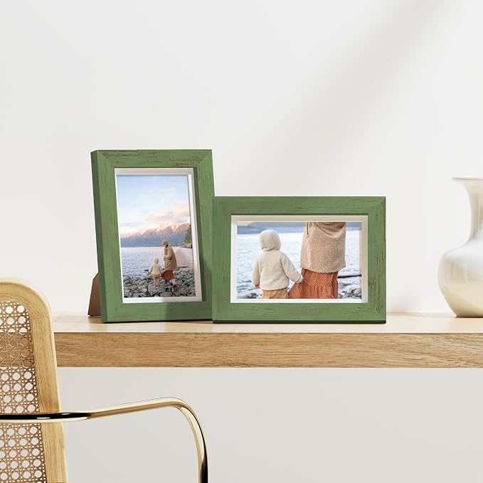 Vittanly 4x6 Picture Frames Set of 9, Wall & Tabletop, Rustic Green | Display Pictures 3.5x5 with Mat or 4x6 without Mat, Small Photo Frames, Engineered Wood with Shatter Resistant Plexiglass