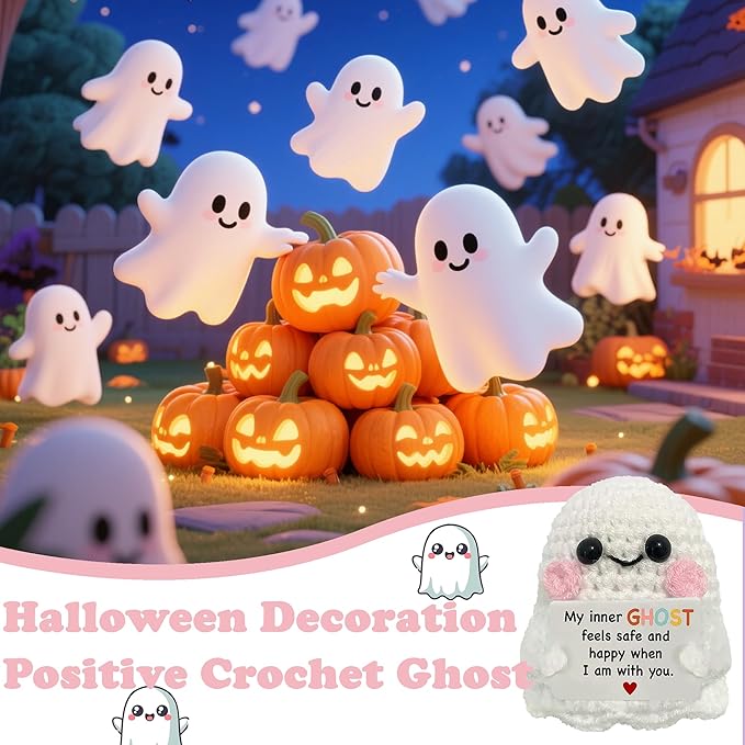 Halloween Handmade Emotional Support Crochet Positive Ghost Crochet Animals Emotional Support Crochet Gift,Inspiring Gifts for Him Her,Men Women, Colleague Son