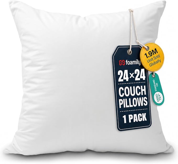 Foamily 24x24 Throw Pillow Insert, White Pillows for Couch, Sofa & Bed | Soft down-alternative fill, hypoallergenic, holds its shape. Fits 24x24 covers. Couch, sofa, bed, nursery decor.