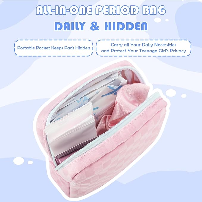 Likesing First Period Kit for Girls, 5.3" Checkered Tampon Holder for Purse, Menstrual Starter Tampon Bag Pad Pouch, Emergency Sanitary Napkin Storage Bag Teen Period Kit Gifts for Tweens