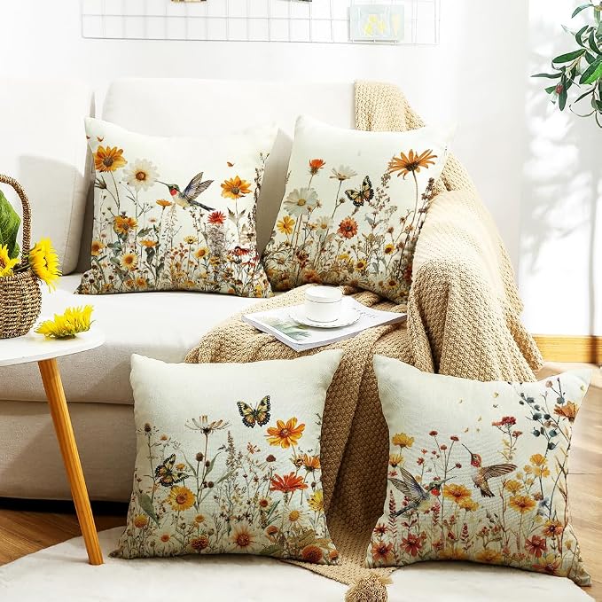 wyooxoo Spring Pillow Covers 18x18 Set of 4 Farmhouse Summer Throw Pillow Covers Floral Decorative Cushion Cases for Sofa Couch Outdoor Bedroom