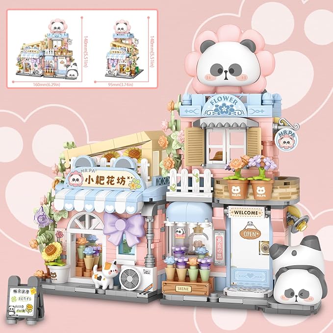 Cute Panda Mini Building Blocks Set, 810PCS MOC Mini Architecture Building Kits with Flower Shop Street View Design - STEM Educational Construction Gift for Girls Boys Kids Adults