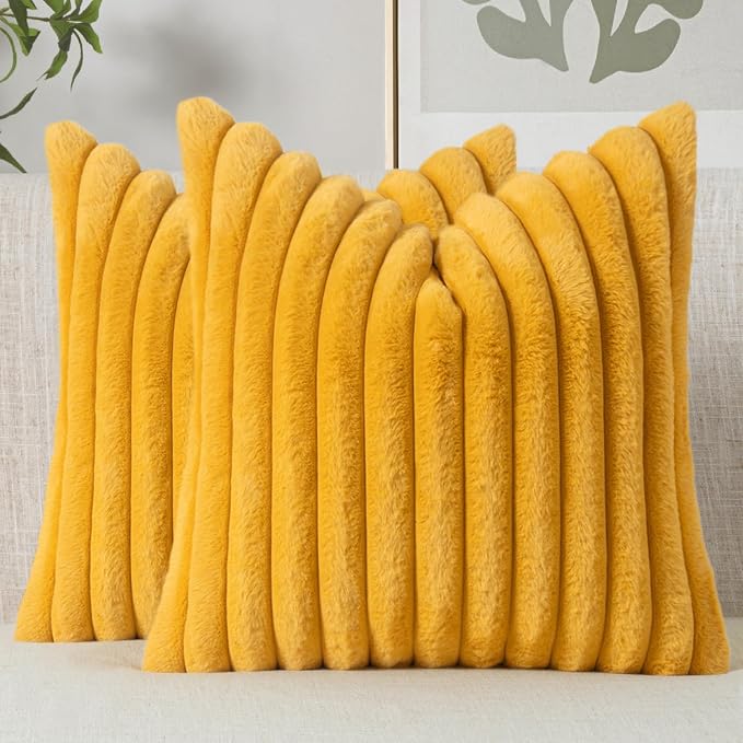 MIULEE Faux Fur Decorative Euro Sham Pillow Covers 24x24 Mustard Yellow | 2 Pack， Vintage Boho Fall Soft Plush Couch Pillows, Cozy Fluffy Cushion Covers for Sofa Bed Living Room Home Decor