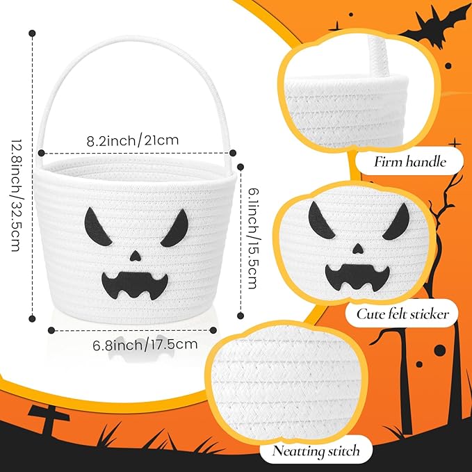 Halloween Basket with Handle Cute Bucket Cotton Rope Woven Candy Bag Pumpkin Witch Cat Pig Storage Basket for Halloween Party Favor(White,Ghost)