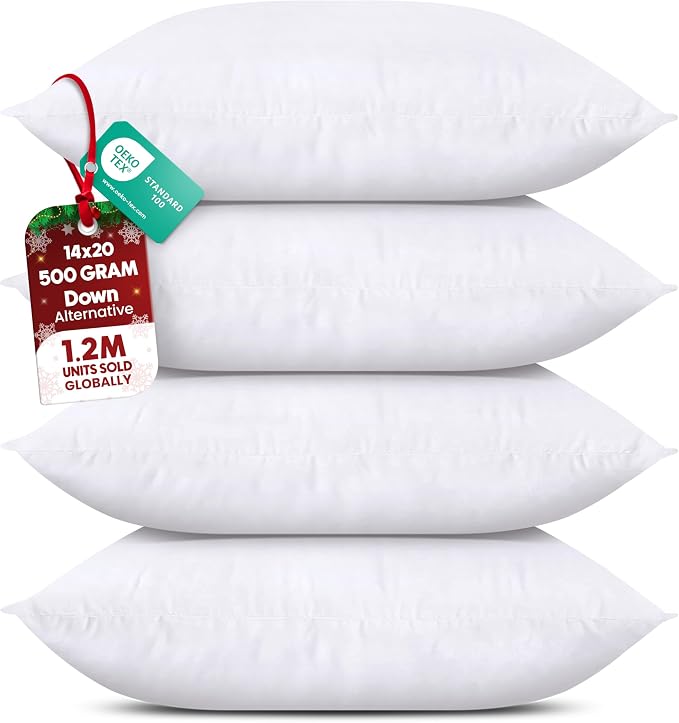 Utopia Bedding Throw Pillows, Decorative 14x20 Pillow Inserts, Set of 4 | Down alternative pillow insert with plush fluffy fill for beds sofas couches and chairs. Suitable for indoor outdoor use.