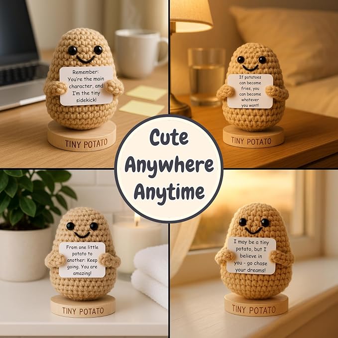 Tiny Potato - Handmade Positive Crochet Doll with 30 Uplifting Cards - Friendship Gifts for Women for Birthday, New Job, Cheer Up Emotional Support - Gift for Best Friend, Bestie, Coworkers, BFF