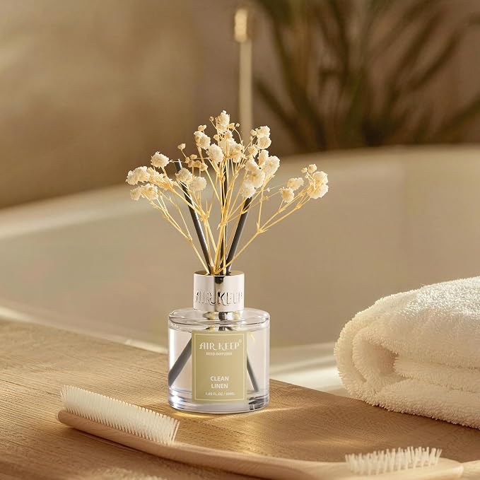 Airkeep Reed Diffuser Set,1.69 fl oz (50 ml) - Clean Linen Oil Diffusers with 8 Reed Sticks,Home Fragrance Reed Diffuser for Bathroom Shelf Decor