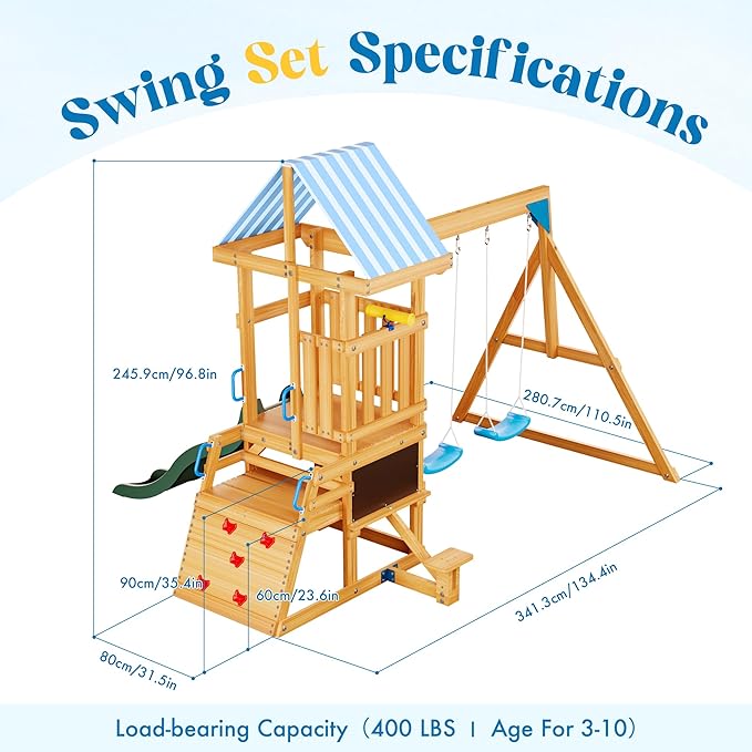 ROBUD Swing Sets for Backyard, Wooden Swing Set, All-in-One Kids Outdoor Play Equipment with Two Swings, Slide, Rock Climbing Wall, Blackboard, Telescope, Fort, Outdoor Playset for Kids & Toddlers