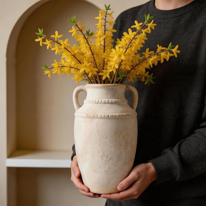 Ceramic Flower Vase, 10.2" Rustic Farmhouse Vase for Home Decor, Glazed Pottery Vase for Fresh Flowers, Pampas Grass, Coffee Table, Dining Table, Mantel and Bookshelf
