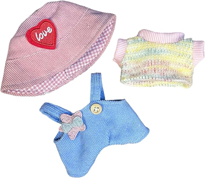 17cm/6.7in Clothes Set for Dolls - Cute Hat & Overalls Outfit, Soft Premium Fabric Dress Up Accessories Suit, Easy On/Off, NO Doll Included (Pink Star)