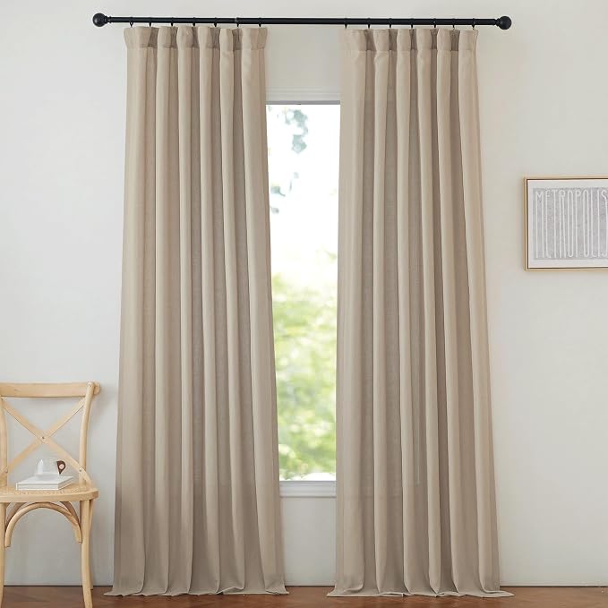 NICETOWN Thick Flax Linen Camel Curtains 108 inches Long, Pinch Pleated Linen Blend Privacy Added with Light Filtering Window Treatments for Living Room/Bedroom, W50 x L108, 2 Panels
