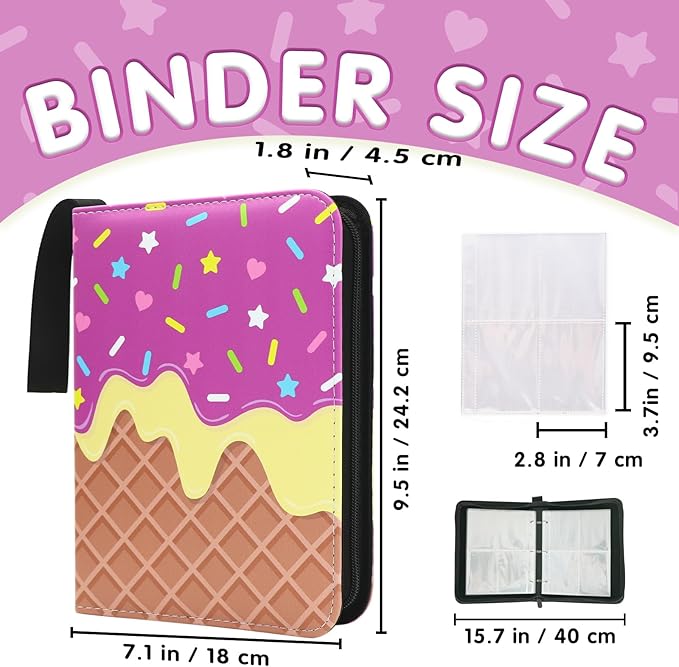 Cute Ice Cream Cake Card Binder, 400 Pocket Card Album for Girls Gifts, Ice Cream Donut Trading Game Card Holder Album for Standard Size Cards, Collectible Game Collection Case (Purple)