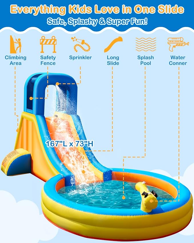 Inflatable Water Slide for Kids – 5-in-1 Blow Up Bounce House with Long Slide, Climbing Wall, Splash Pool, Water Cannon, Spray Water Spout – Backyard Toddler Water Park with 370W Blower & Storage Bag