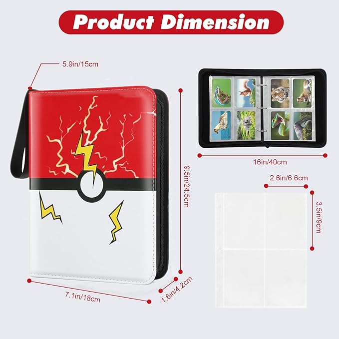 Card Binder 4 Pocket, Trading Card Holder Collector Album Fits 400 Cards with 50 Removable Sleeves Compatible with Pokemon Cards Game Sports Card Case Book With Zipper for Gifts Red