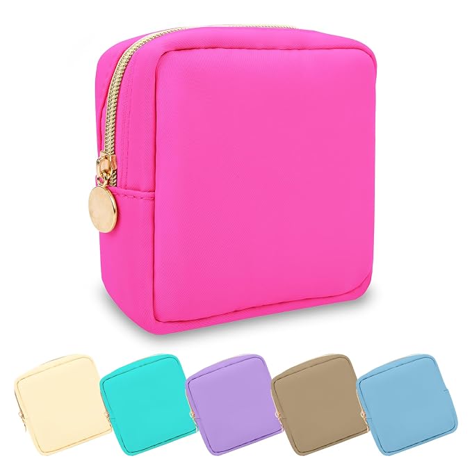 UIXIZQ Mini Makeup Pouch for Purse, Small Cosmetic Bag Pouch Nylon Travel Toiletry Organizers for Women Girls, Cute Zipper Pouch Coin Purse Preppy Storage Bag for School Work(Mini-Bubblegum)