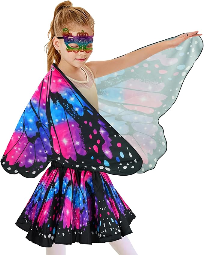 Butterfly Costume for Girls Fairy Wings Kids 4 Pcs(Cape,Skirts,Masks,Hair Clips) Butterfly Wings for Halloween Gifts