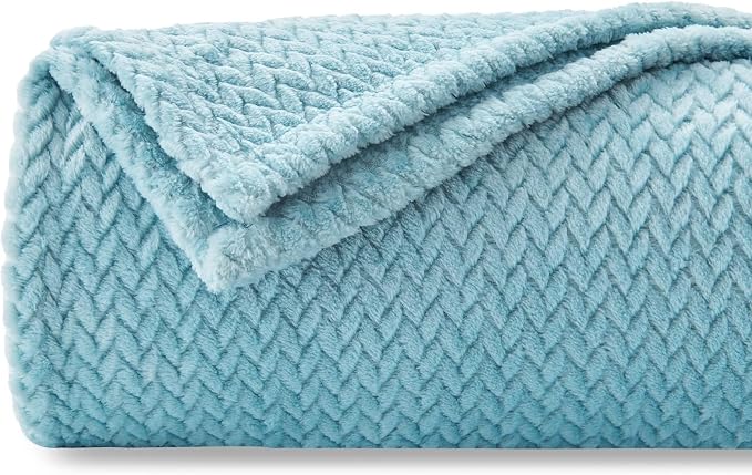 NEWCOSPLAY Fleece Leaves Pattern Throw Blanket, Light Blue, 50"x60" | Super Soft Throw Blanket, Lightweight Cozy Bed Sofa Blanket, Premium Silky Flannel Fleece, Travel Blanket for All Season Use