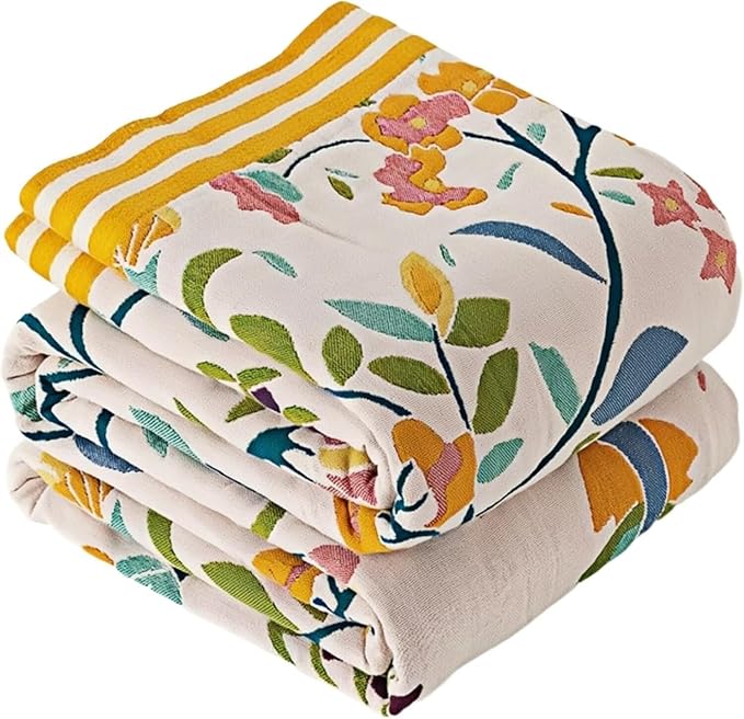 Boho Throw Blanket for Bed 100% Cotton Bohemian Blankets Ultra Soft Woven Muslin Decorative Blankets All Seasons Vintage Quilt Knitted Blanket for Sofa Chair(Yellow, 90"x98")
