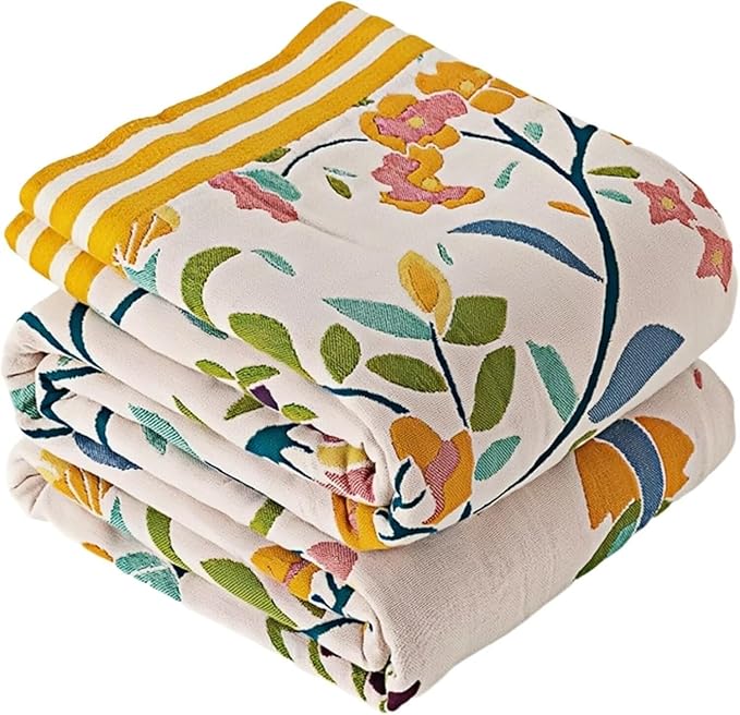 Boho Throw Blanket for Bed 100% Cotton Bohemian Blankets Ultra Soft Woven Muslin Decorative Blankets All Seasons Vintage Quilt Knitted Blanket for Sofa Chair(Yellow, 60"x80")