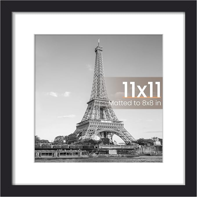 upsimples 11x11 Picture Frame, Display Pictures 8x8 with Mat or 11 x 11 Without, Wall Hanging Square Frames, Black, 1 Pack