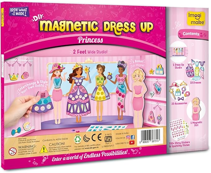 Imagimake DIY Magnetic Dress-Up Princess |Pretend Play Magnetic Toys for Kids | 30 Magnetic Dresses & Accessories | Interchange & Create Unlimited Outfits | Birthday Gift for 3,4,5,6,7,8 Year Old Girl