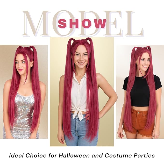 morvally 39 Inches Long Red Wig with 2 Ponytails for Women - Anime Cosplay Wigs for Womens Halloween Costume Party (Red, Adults)