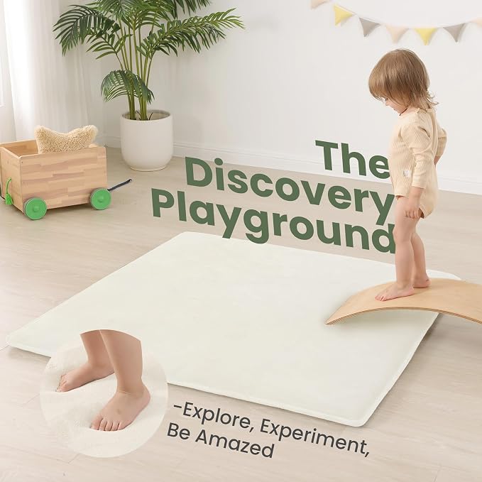 Huloo Sleep Baby Play Mat for Floor,1.3" Thick Elasti-Foam 50"×50" Playpen Mat for Tummy Time,Water Repellent Soft Coral Velvet for Toddler,Infant,Kids,Non-Slip Backing Safe for Crawling(Cream)