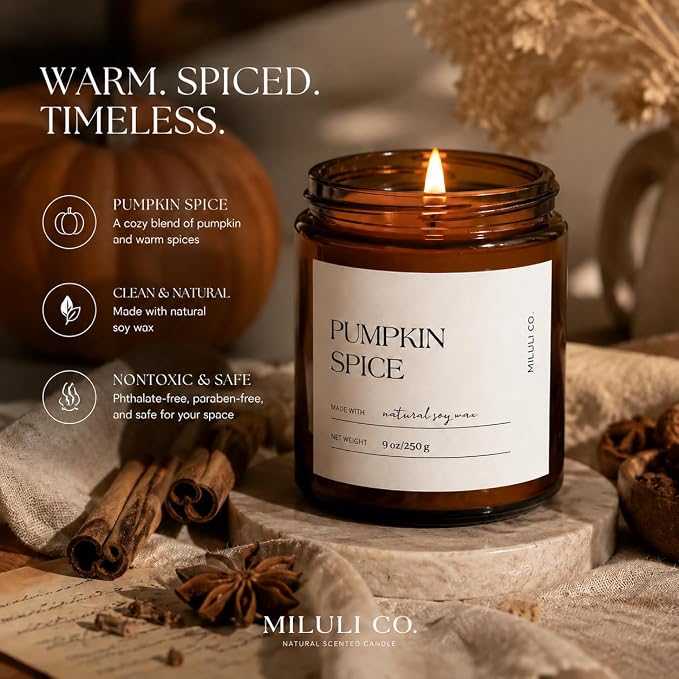 Pumpkin Spice Scented Soy Candle for Home, Natural Aromatherapy Candles with Essential Oils, Nontoxic Clean Burn, Strong Balanced Scent, 50 Hour Longlasting, Amber Jar Candel for Relax(9oz)