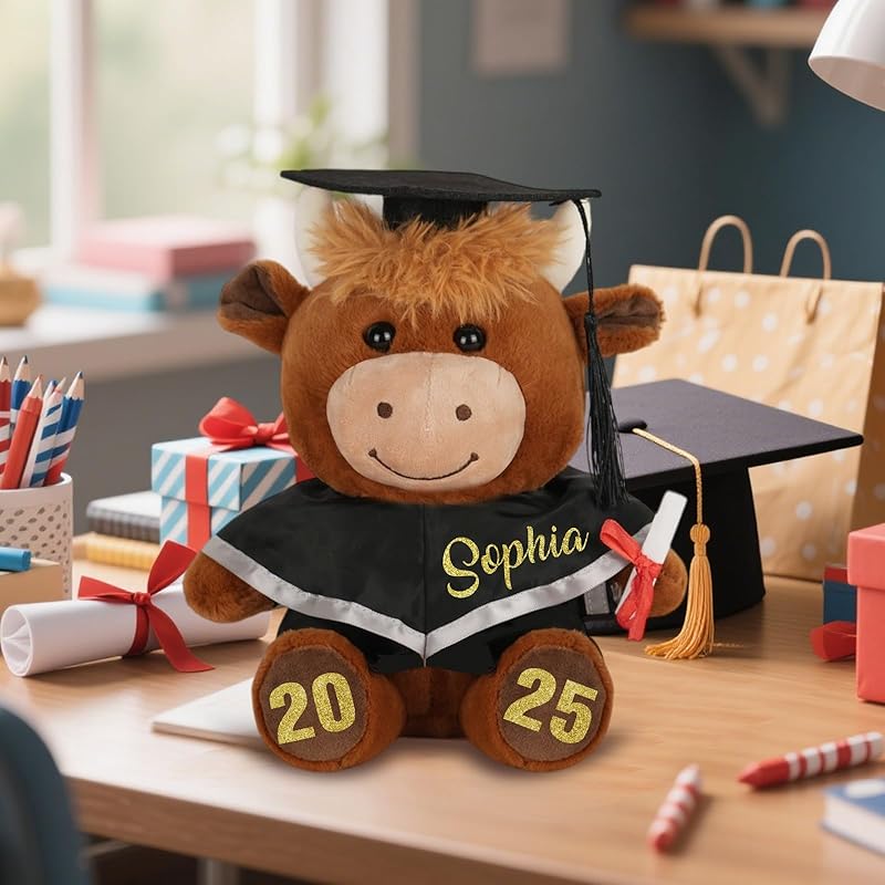 Custom Graduation Highland Cow with Name Date, Personalized 2025 Graduation Stuffed Animal for Kids Students, Cute Pre K Kindergarten High School College Grad Gift for Him/Her