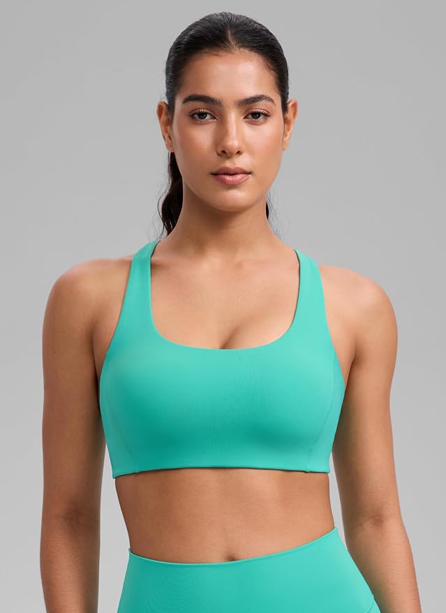 CRZ YOGA SculptAir Wide Straps Cross Back Sports Bras for Women - U Neck Medium Impact Wireless Padded Workout Top