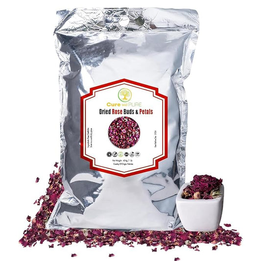 Cure With Pure Dried Rose Buds & Dried Rose Petals 1LB Edible Rosebuds & Dried Roses For Tea, Baking, Relaxing Bath, Rose Water, & Potpourri Handpicked, Preservative Free Edible Dry Rose Petals