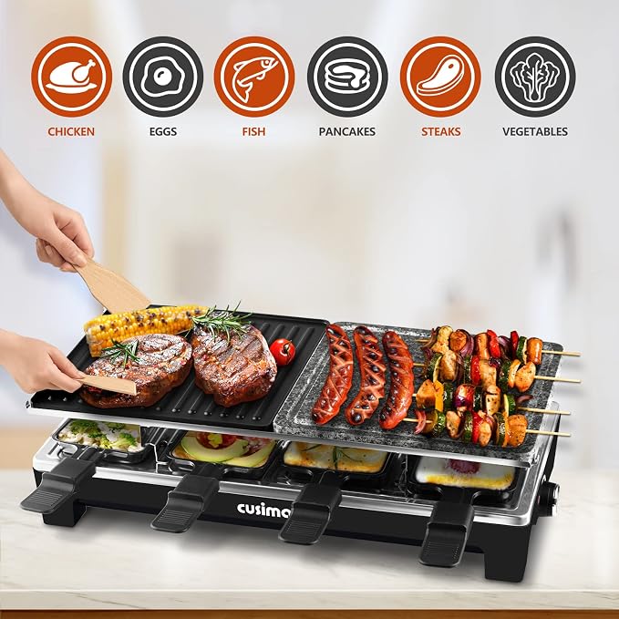 Raclette Table Grill, CUSIMAX Indoor Grill Electric Grill, Black | Portable Korean BBQ with 2 in 1 Reversible Non-stick Plate & Natural Grill Stone, 8 Raclette Pans & 8 Wooden Spatulas, 1500W