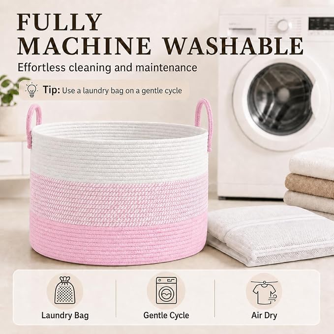 JMvicyroam 115L Extra Large Blanket Basket for Living Room - Woven Cotton Rope Laundry Hamper with Reinforced Handles - Storage Bin for Pillows, Comforters & Toys - Machine Washable,White&Pink Mix