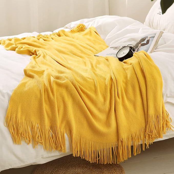 Homiest Yellow Knitted Throw Blanket with Fringe, 50x60 Inch | Pure Acrylic, Lightweight & Breathable, All-Season Use, Machine Washable, Wrinkle & Fade Resistant, for Couch Sofa And Bed