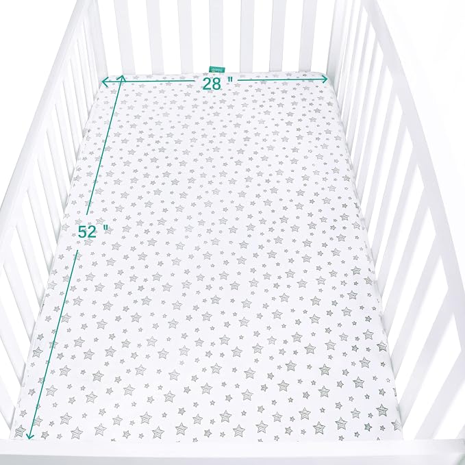 Waterproof Crib Sheets 2 Pack, 100% Cotton Crib Mattress Protector, Fitted Crib Sheet, Ultra Soft & Breathable Toddler Bed Cover for Boys and Girls, White & Grey Star Print