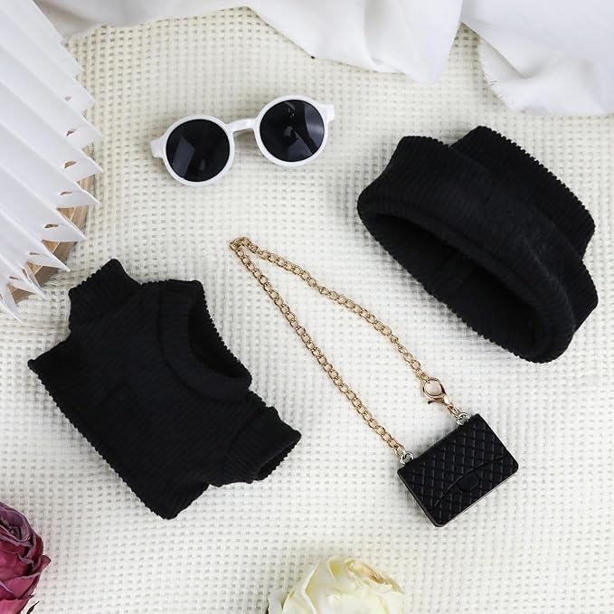 Doll Clothes 15cm Black Outfits for Dolls Cool Black Clothes Set Sweater Headband Glasses and Necklace Stylish Clothes Accessories (Style 8)