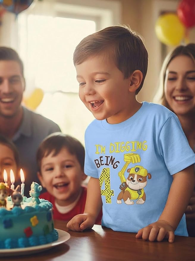 Paw Patrol Rubble Digging Being 4 T-Shirt for Toddler Boys - 4th Birthday Outfit with Construction Bulldozer Theme
