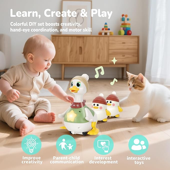 Hestiasko Dancing Duck Toy for Babies 6-36 Months – Musical Crawling & Tummy Time Toy Set with Magnetic, Walking Toddler Interactive Baby Toys for Toddlers 1-3 Birthday Easter Gifts for Boys Girls