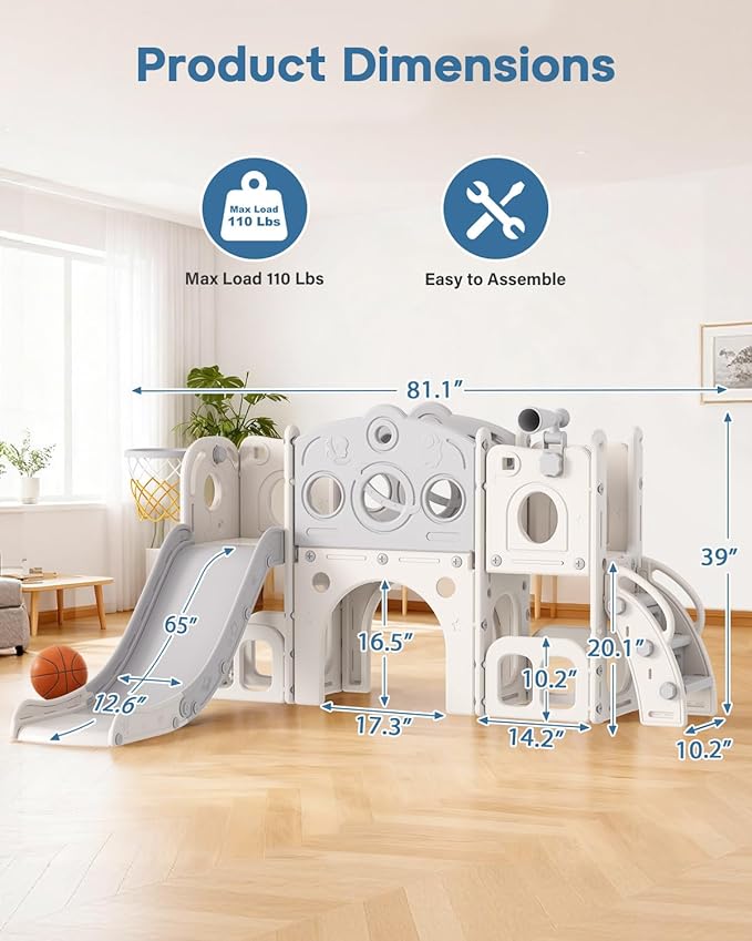 Babytronic Toddler Slide Set, 8 in 1 Kids Slide with Climber, Indoor Outdoor Slide for Toddlers Age 1-3, Toddler Playset with Basketball Hoop and Tunnel, Toddler Indoor Outdoor Playground (White&Gray)