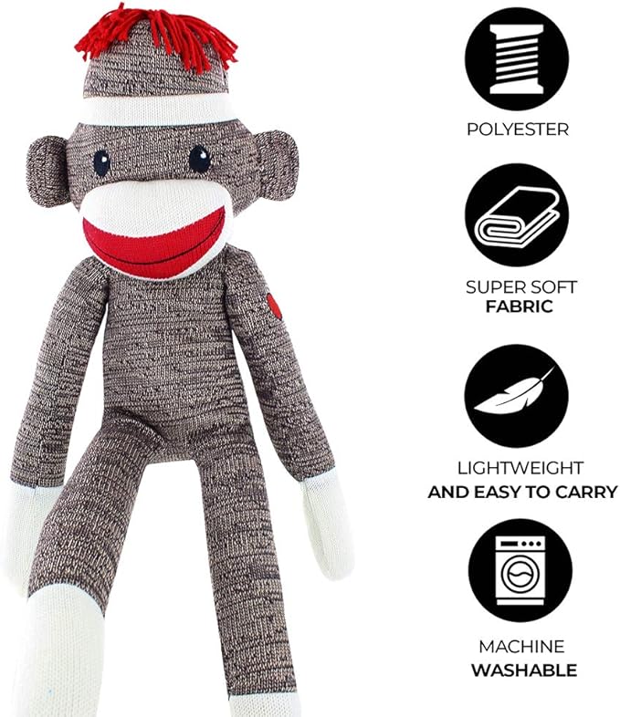 Plushland Brown Original Sock Monkey, Adorable Hand Knitted Stuffed Animal Toy Gift-for Kids, Babies, Teens, Girls and Boys Baby Doll Present Puppet 20 Inches