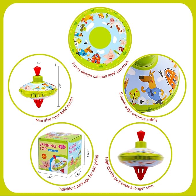 Fun Farm Spinning Top Tin Toy for Kids – Retro Classic Toys - Toddler Traditional Spin Tops - Metal Fidget Spinner for Kindergarten – Sensory Gyroscope - Novelty Present Party Favors