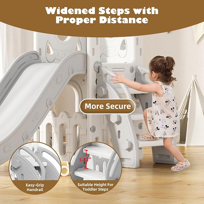 Glaf Toddler Slide 6 in 1 Outdoor Playset Indoor Playground for Kids Toddlers Age 1-3 Baby Slide with Basketball Hoop and Ball Storage Space and Telescope Freestanding Climber Slides Toys (Grey)